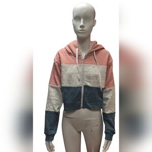 Doublju Women's Tri-Color Cropped Hoodie, Size Large
